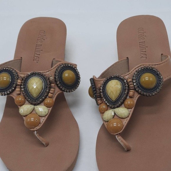 Olivia Miller Sandals Shoes Womens Size 7 Tan Beaded Thong Slip On - Picture 5 of 10